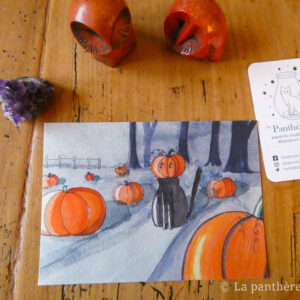 Illustration à l'Aquarelle Chat noir et Citrouille