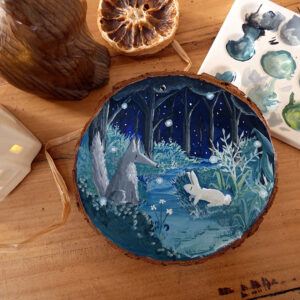 Rondin peint à la main Gouache Lapin et Loup